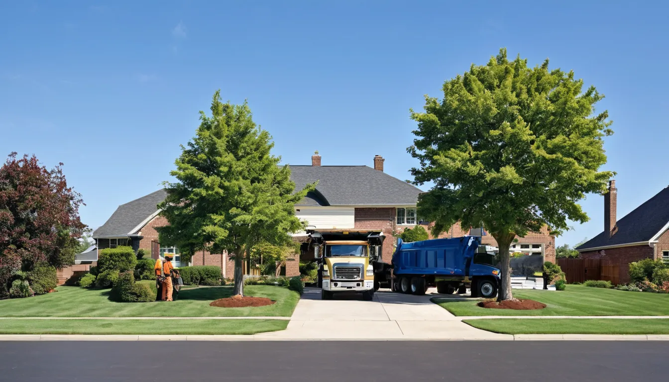 A local tree removal provider cutting a large tree near a brick home in Sugar Hill